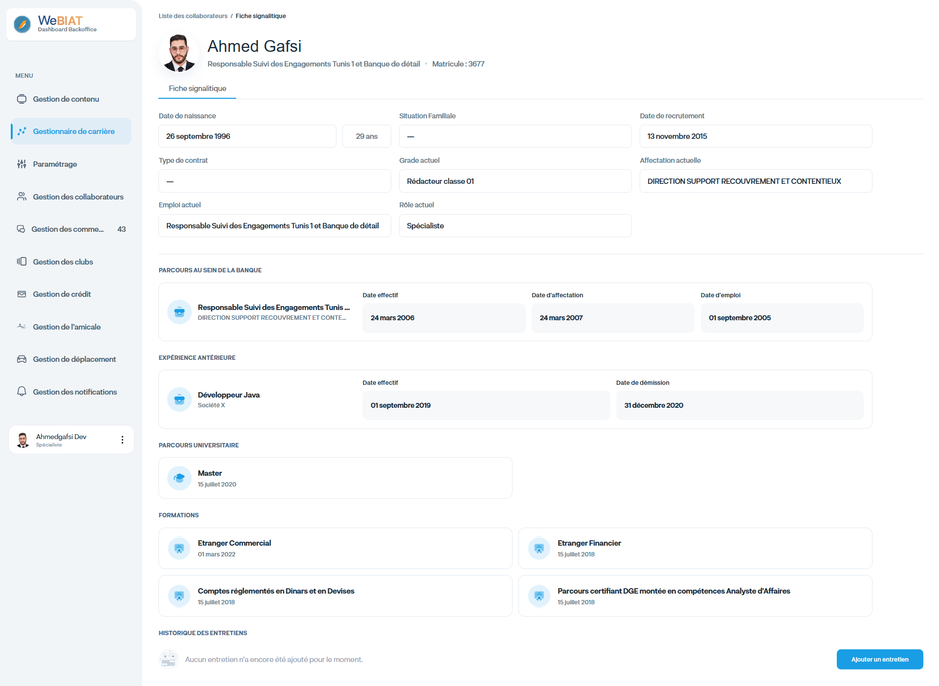 WeBIAT employee profile screen